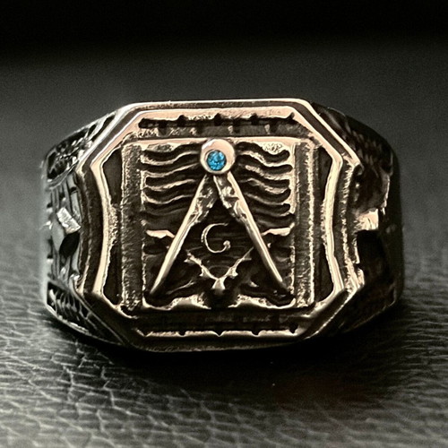 Masonic Square & Compasses Ring new, blue stone, 316L steel, US 15