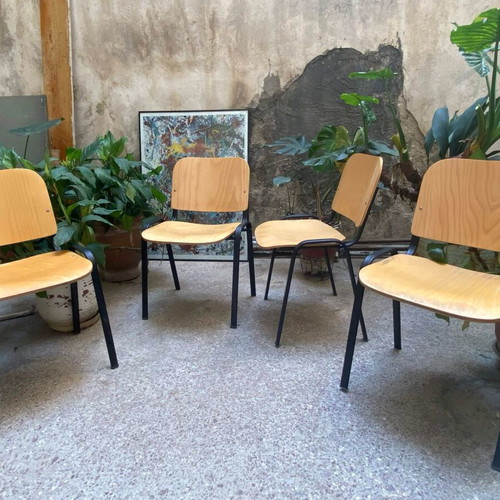 Vintage Italian chairs set of 4 used, metal frame and plywood