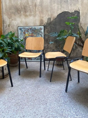 Vintage Italian chairs set of 4 used, metal frame and plywood