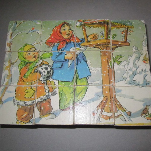 Vintage wooden cube puzzle used, 6 images by Marie Fischerova-Kvechova