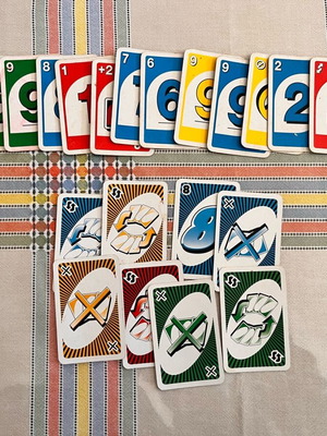 Uno cards used, 13 Uno cards and 8 Uno Extreme cards