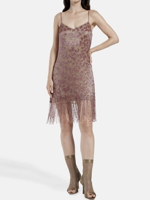 Blugirl Blumarine Mini Dress Pink Sequined with Fringe Size S New