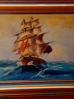 Ιστιοφόρο καράβι πίνακας ζωγραφικής σε κορνίζα, βιντάζ θαλασσογραφία