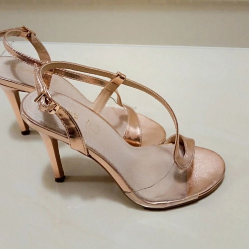 Adam's Shoes strappy heeled sandals pink rose gold vegan leather like new