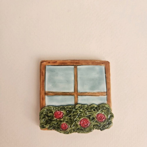 Handmade clay magnet with acrylic paint, window with flower box like new