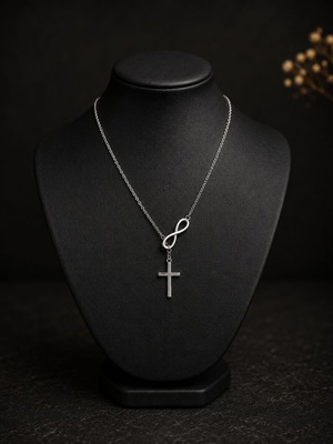 Exis Jewellery silver necklace with infinity and cross pendant, like new