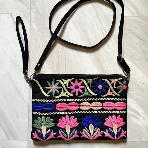 Boho Fabric Crossbody Bag Like New With Embroidered Flowers