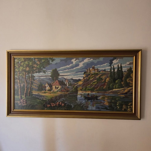 Vintage Gobelin Embroidery "Riverside Landscape & Castle" Like New
