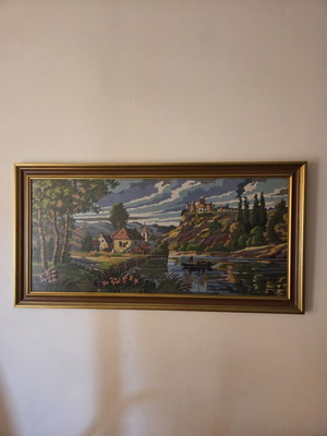 Vintage Gobelin Embroidery "Riverside Landscape & Castle" Like New