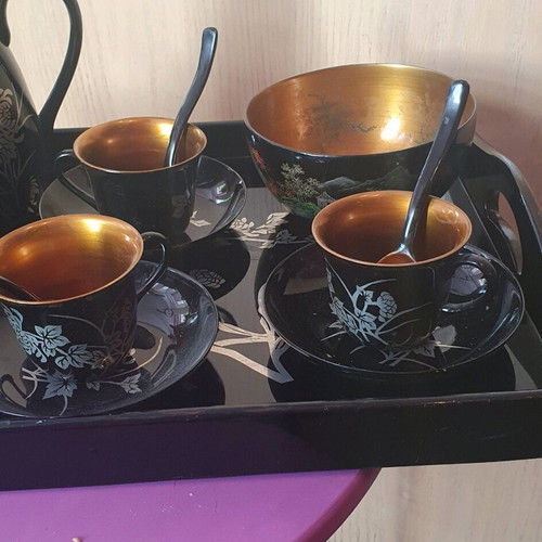 Antique Japanese style tea set from the 60s, wooden lacquered, 21 pieces