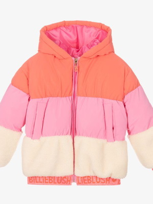 Billieblush striped jacket coral-pink-cream fur like new, size 8