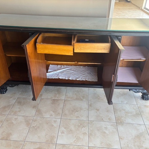 Vintage Walnut Buffet Table like new with carved lion legs and glass top