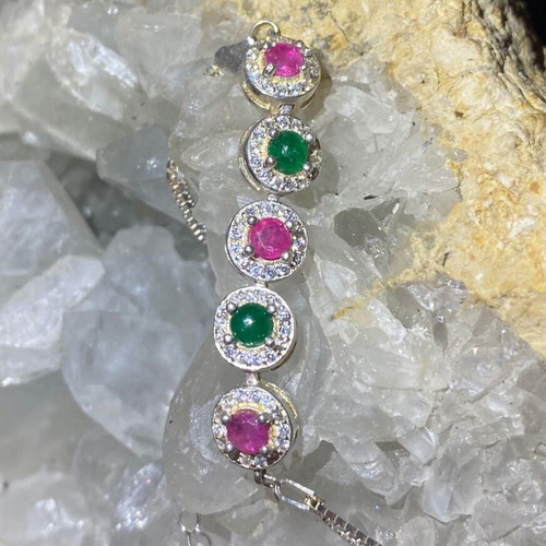 Handmade silver bracelet with natural emerald, ruby and moissanite, new