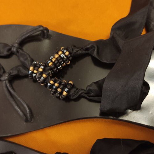 Boho leather sandals like new with black silk ankle ribbons, size 41