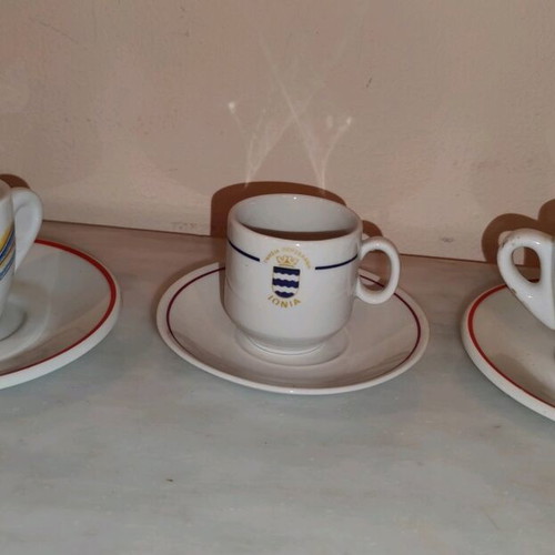 Collectible Greek coffee cups used, 3 pieces Lumidis and Ionia