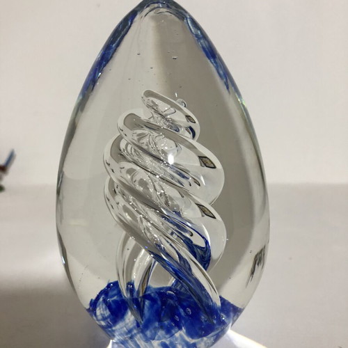 Hand Blown Art Glass Blue Spiraled Egg Paperweight, large