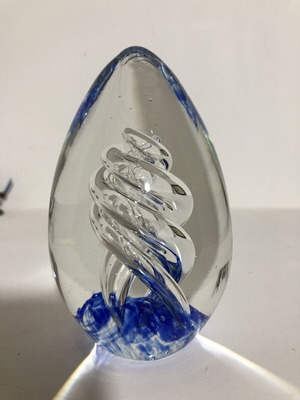 Hand Blown Art Glass Blue Spiraled Egg Paperweight, large