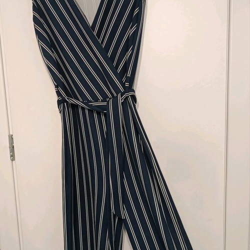 One-piece jumpsuit blue white medium like new with belt
