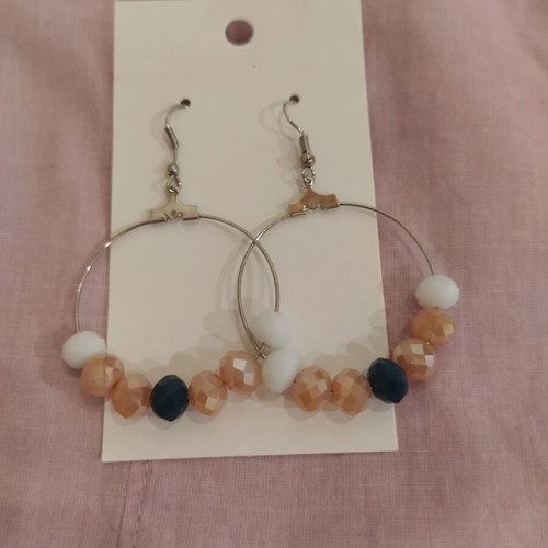 Hoop earrings with shiny polygonal beads in pink, white, and petrol, new