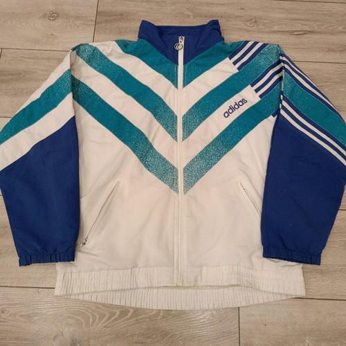 Adidas vintage track jacket used, white, blue and teal, 90s