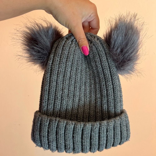 Knitted gray hat with two eco fur pompoms new