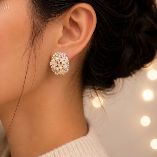 Floral Pearl and Crystal Stud Earrings New, White and Gold