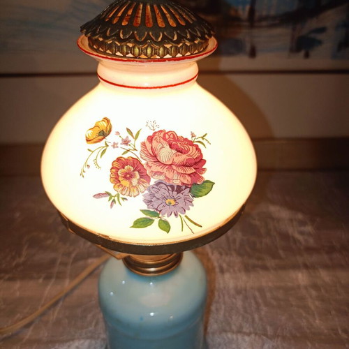 Opaline lamp used with hand-painted shade, shabby chic style