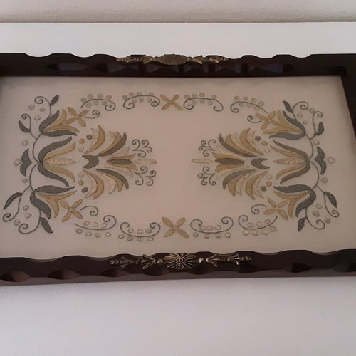 Wooden tray with handmade embroidery used, vintage