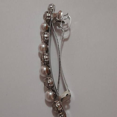Hair Barrette with Faux Pearls and Rhinestones, Silver