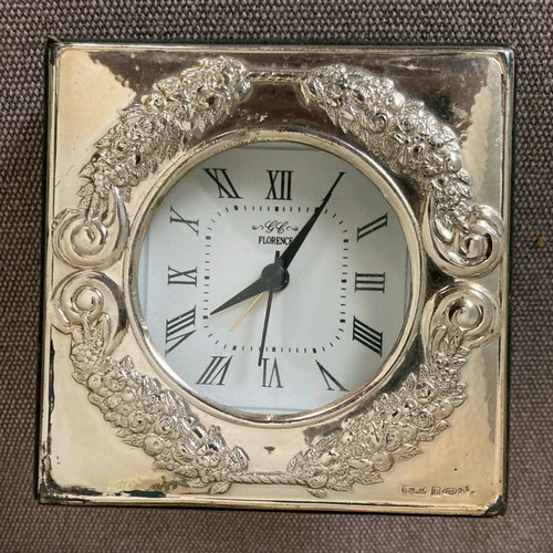 Silver Florence 925 table clock used, battery operated, functional