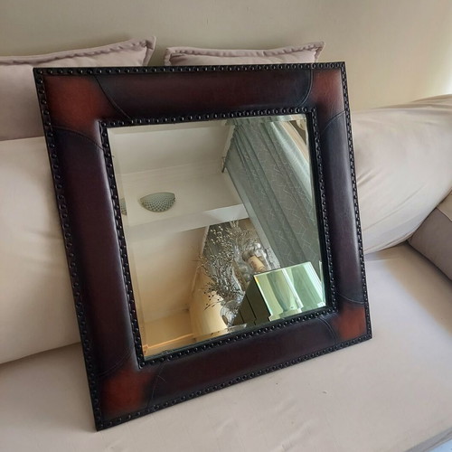 Antique Bijou Mirror with Leather Frame like new