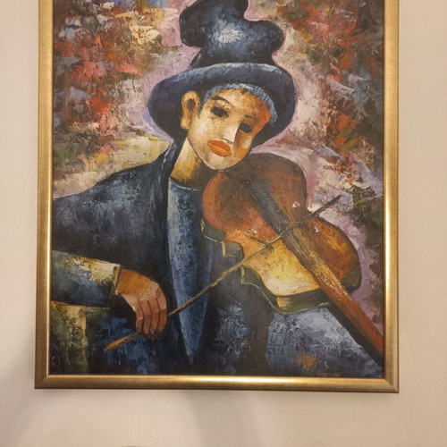 Oil painting on canvas "The Boy with the Violin" like new, 66x55 cm