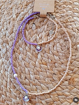 Jewelry set with glass beads new, beige and purple bracelet and necklace