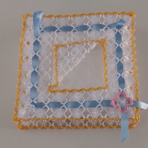 Handmade knitted napkin holder with lace and ribbon, like new