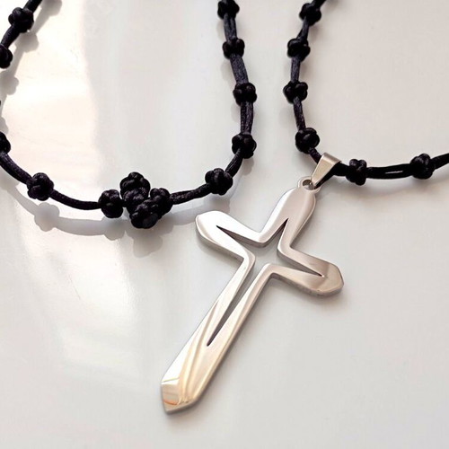 Cross rosary necklace handmade with black satin cord