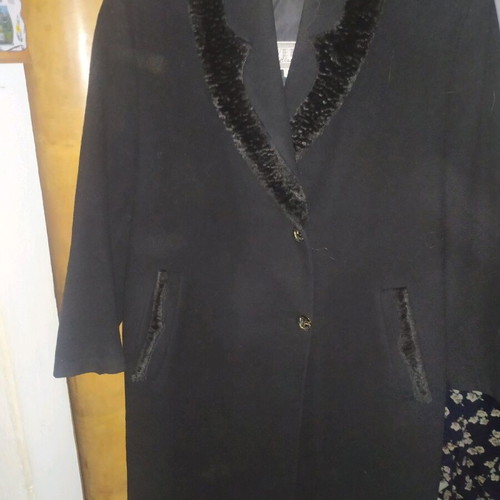 Black coat used with fur trim, size 46, loose fit