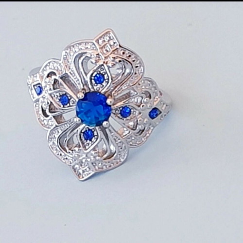 Vintage 70ies Boho Silver Engraved Ring with Blue Zircon Stones Size 55 Like New