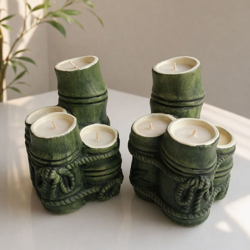 Ceramic candle holders like new, set of 2 with green bamboo design