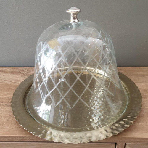 Round gold metal tray with glass dome Iliadis 30x25 cm