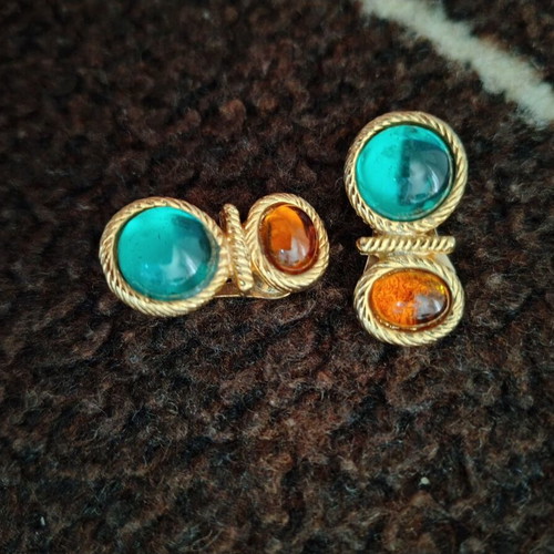 Gold-plated earrings with clip orange and turquoise like new