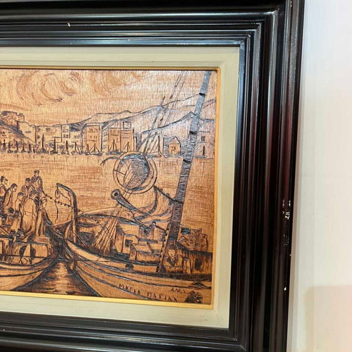 Vintage pyrography wall art with fishermen and artist signature, 45x50