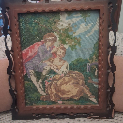 Vintage Handmade Gobelin Textile Painting with Large Carved Wooden Frame used