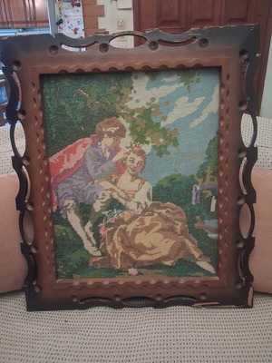 Vintage Handmade Gobelin Textile Painting with Large Carved Wooden Frame used