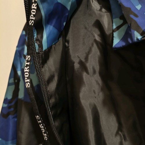 Men's windbreaker jacket with hood, blue camouflage, size M