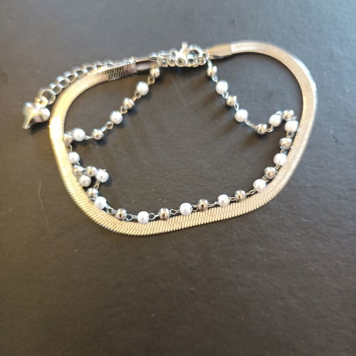 Double wrist chain with pearls new silver stainless steel