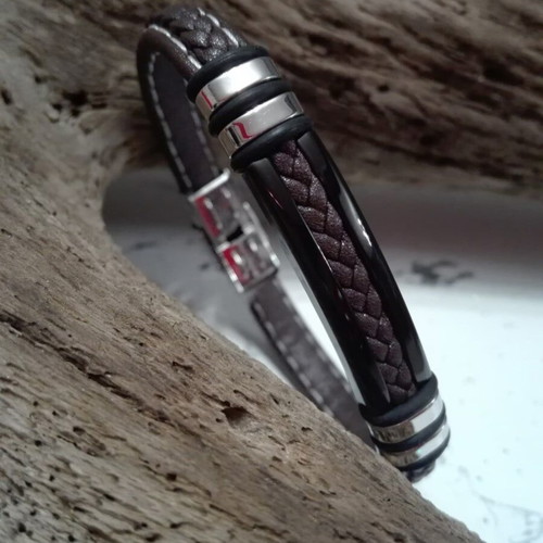 Men's Leather Bracelet with Stainless Steel and Tabac Leather New