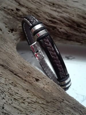 Men's Leather Bracelet with Stainless Steel and Tabac Leather New