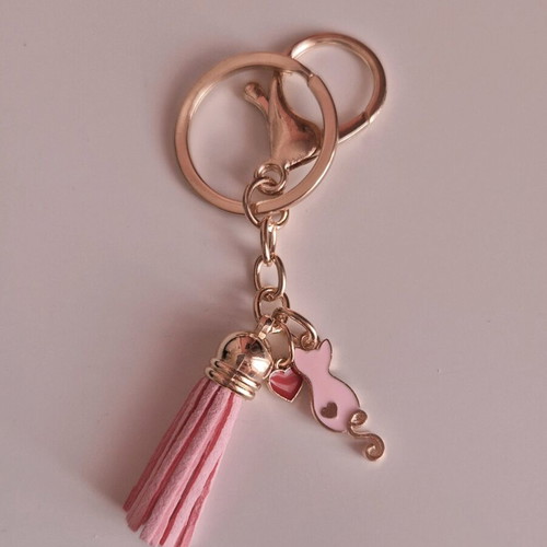 Handmade keychain pink cat with heart and tassel new