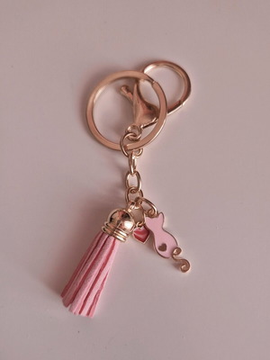 Handmade keychain pink cat with heart and tassel new