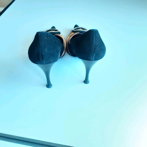 Women's shoes black suede and gold leather pumps like new